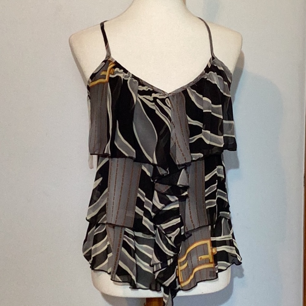 Whisper spaghetti straps,racerback,V neck,ruffles, sheer back,half lined,flowy,S